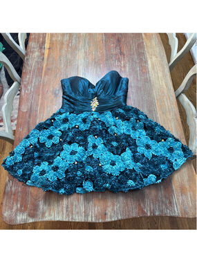 Blush Prom Strapless Teacup Dress w/ 3D Floral Appliques & Rhinestones Teal 12